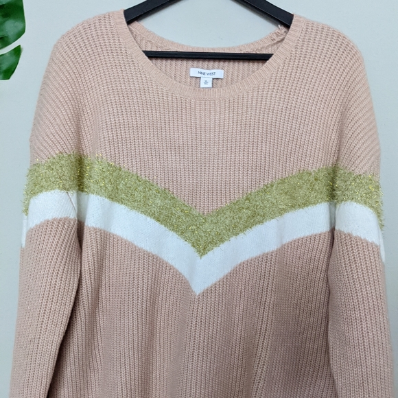 Nine West pink white and gold stripe knit sweater size XL - Picture 2 of 6